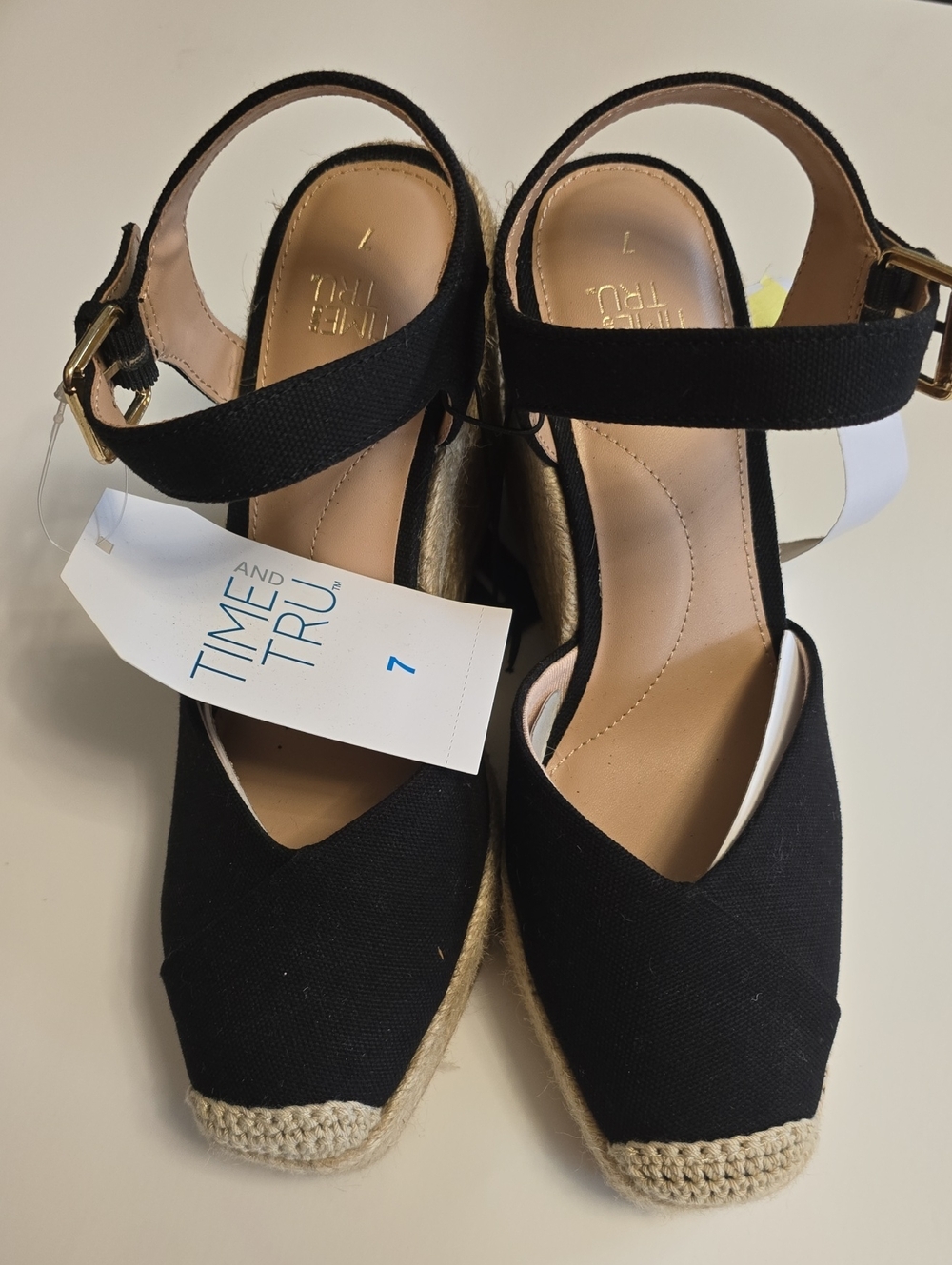 Time and Tru Black Canvas Espadrille Wedge Sandals Size 7 NEW